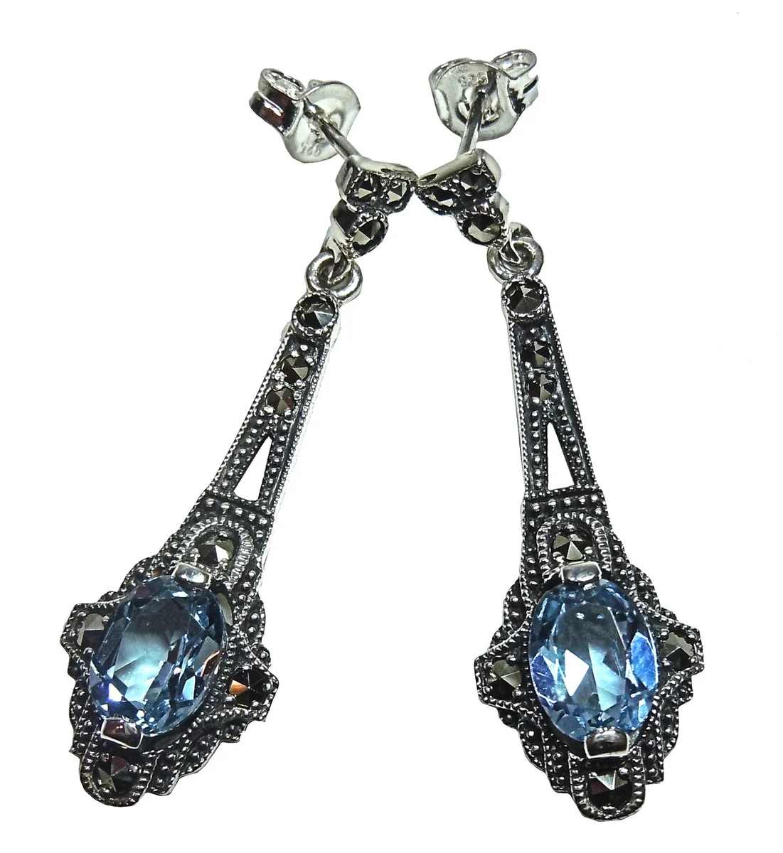 Exklusive Jugendstil-Ohrhänger aus 925 Silber mit handgefasstem Aquamarin & Markasit