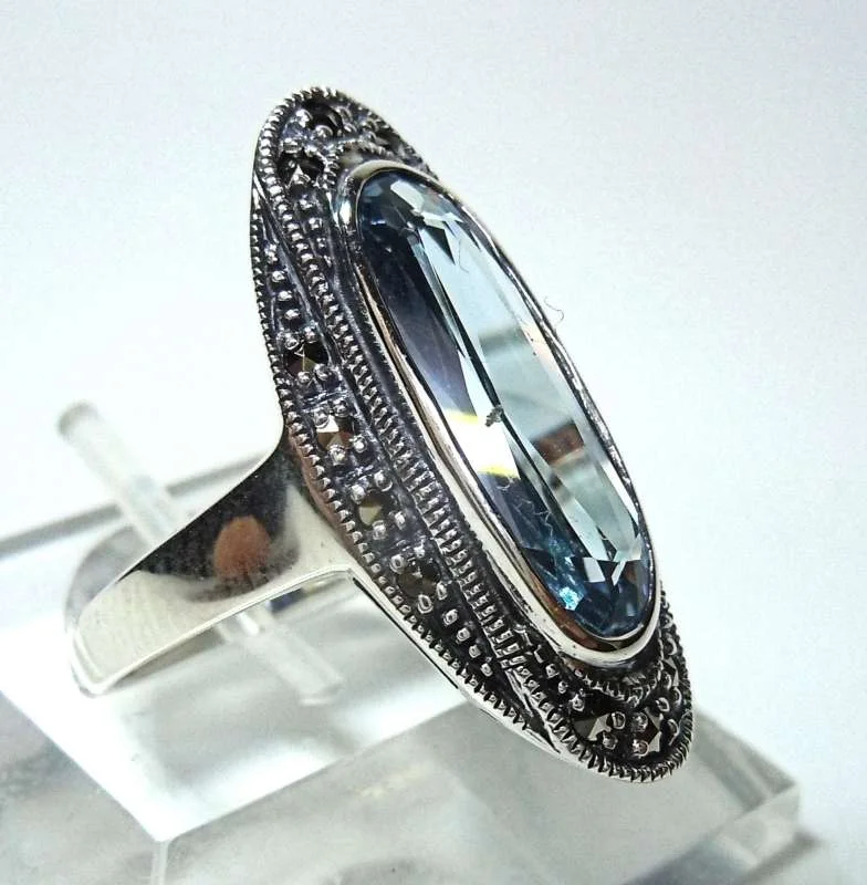 Silber Jugendstil Ring mit ovalem Aquamarin & handgefassten Markasiten – 925 Sterling Silber RG56