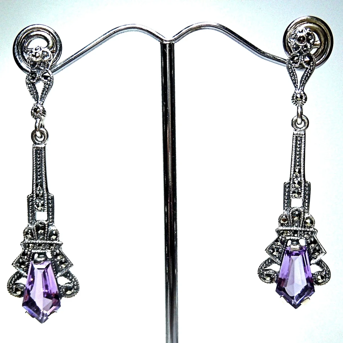 Art-Deco Ohrschmuck aus 925 Silber mit Amethyst & Markasit – handgefertigte Exklusivität