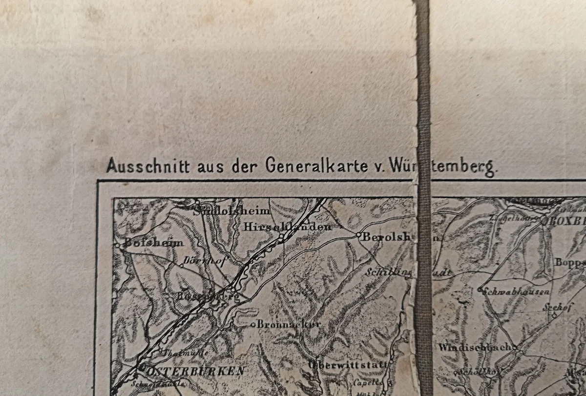 Antike Landkarte Faltkarte auf Leinen -der römische Grenzwall in Württemberg - 1894