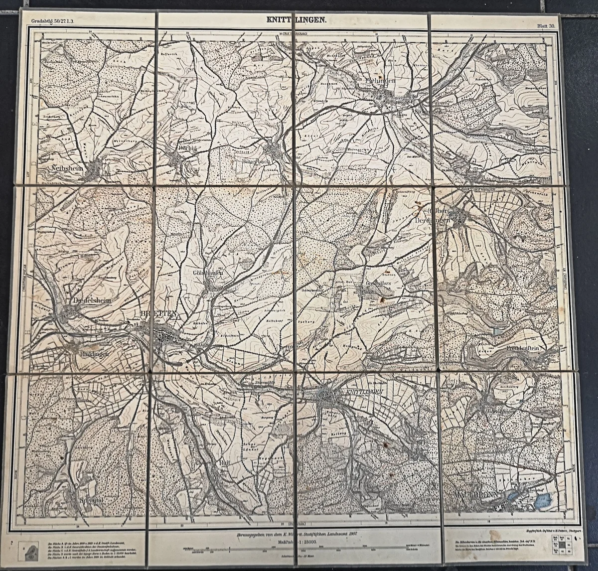 Antike Landkarte Faltkarte auf Leinen - Knittlingen - 1907