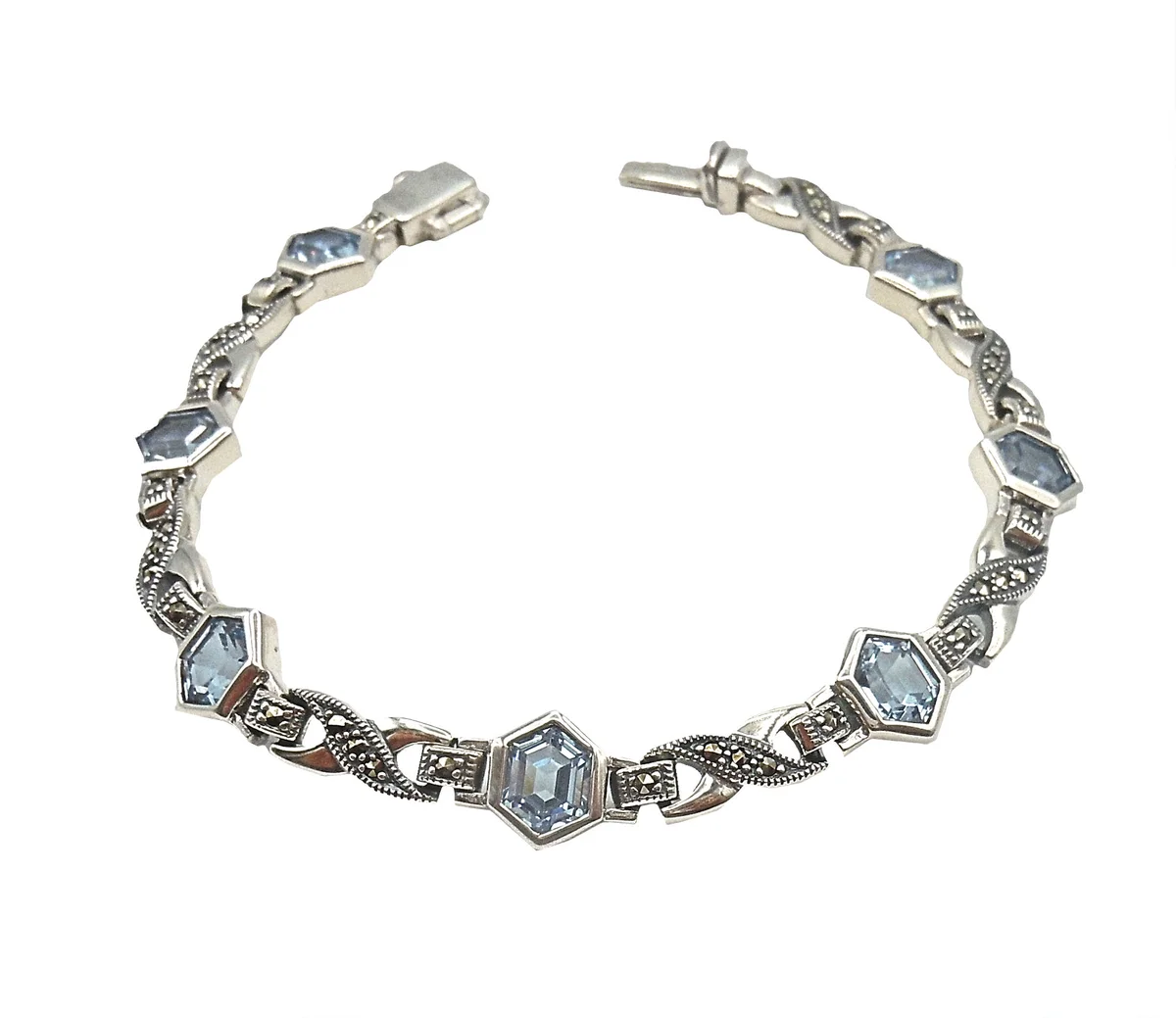 925 Silber Aquamarin ART DECO Armband mit handgefassten Markasiten