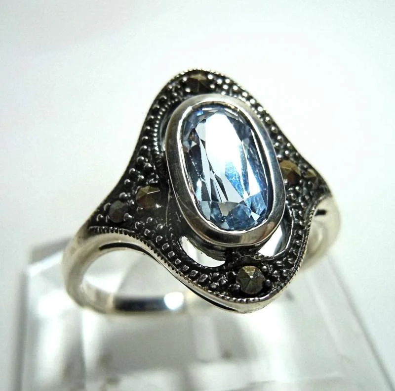 925 Silber Jugendstil Aquamarin Ring Pforzheim  52