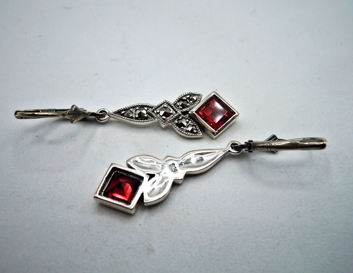 Jugendstil Granat Ohrringe aus 925 Sterling Silber mit Markasit – Handgefertigter Ohrschmuck