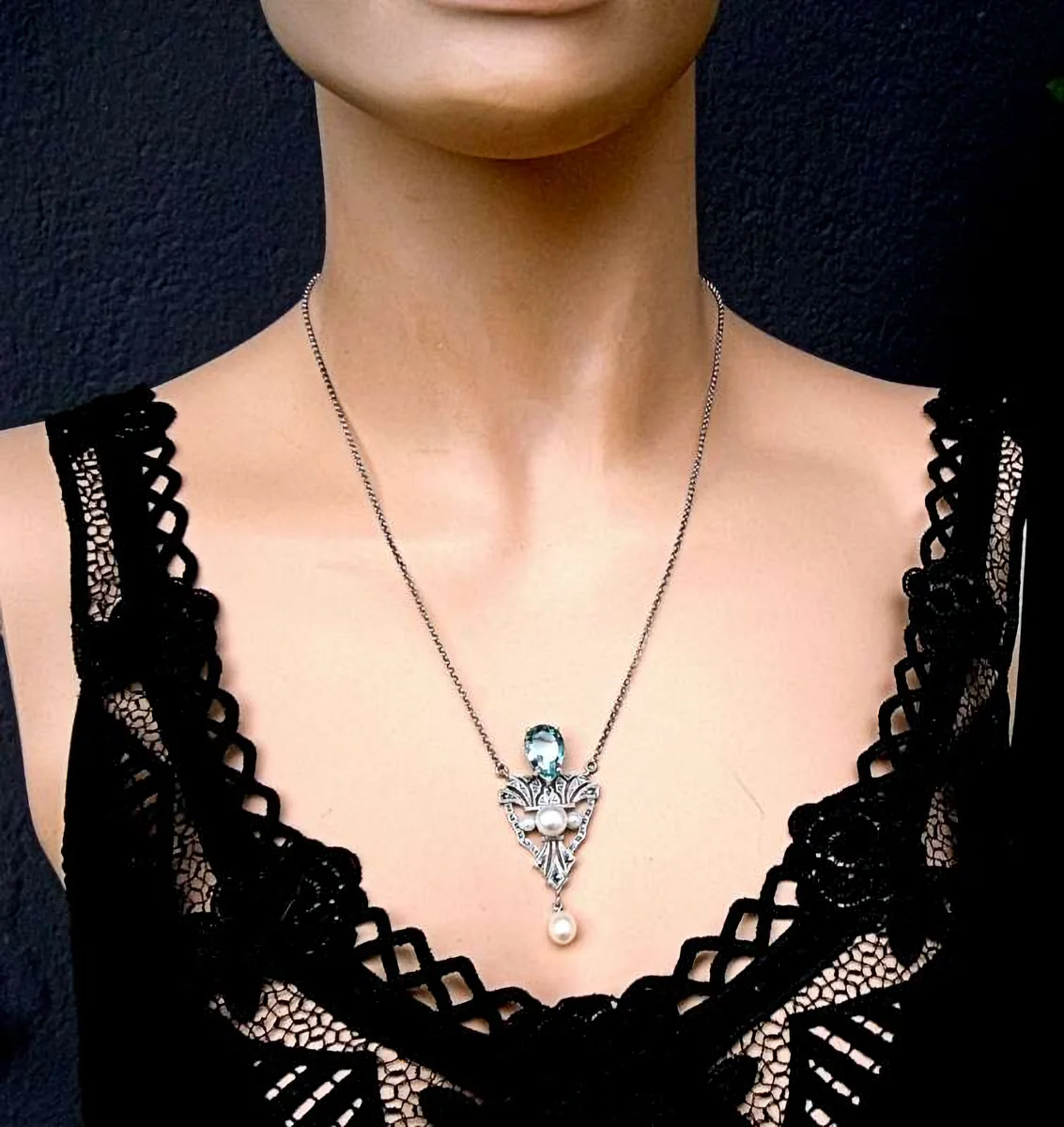 Traumhaftes Jugendstil Collier mit Aquamarin & Perlen | Handgefertigter 925 Silber Halsschmuck aus Pforzheimer Manufaktur
