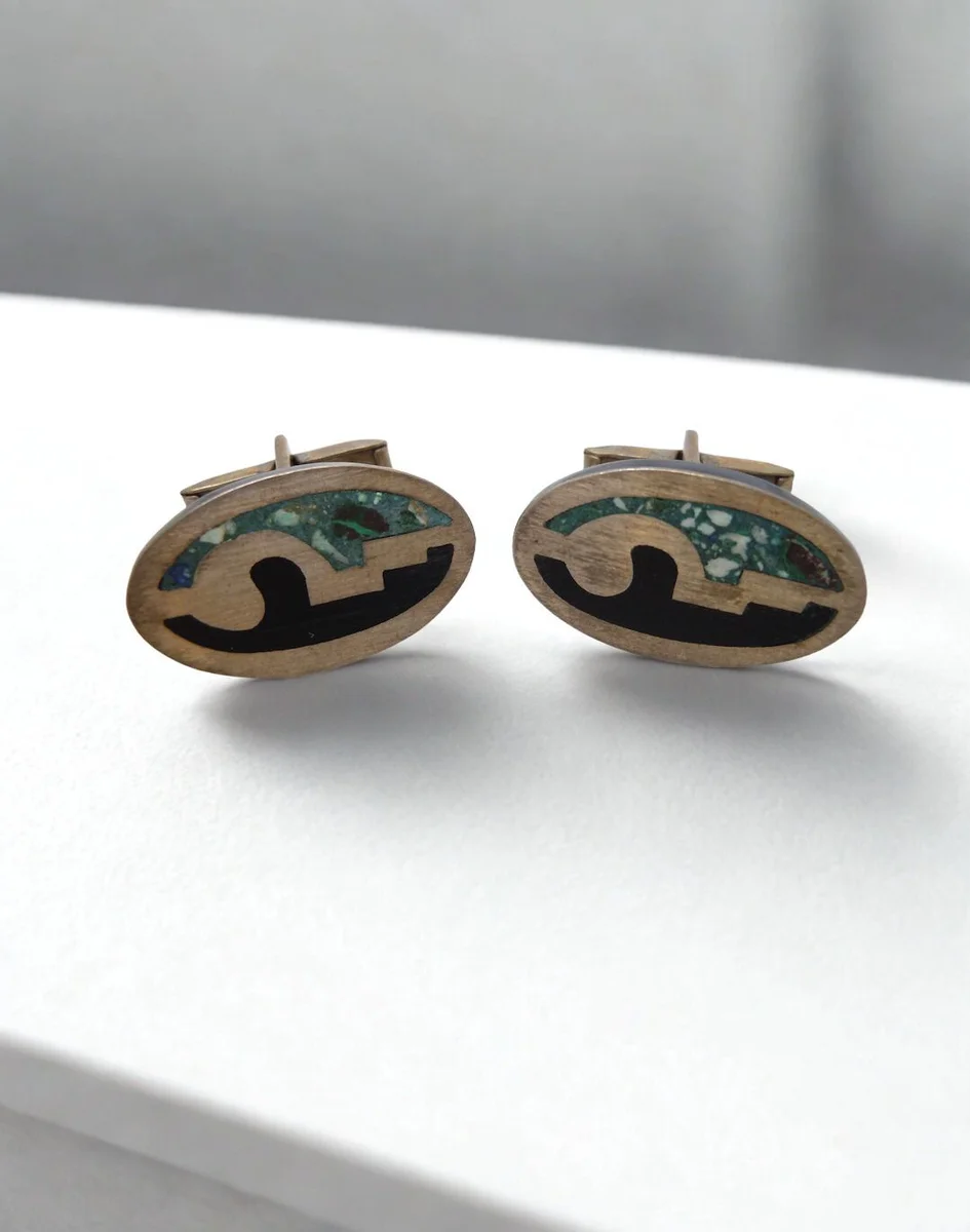 Handgefertigte Manschettenknöpfe aus Sterling Silber – Türkis & Onyx – Mexiko