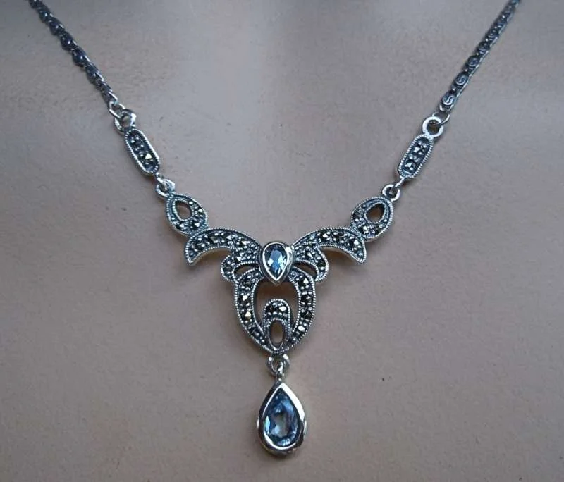 Feines Jugendstil Silber Collier mit Aquamarin und Markasiten