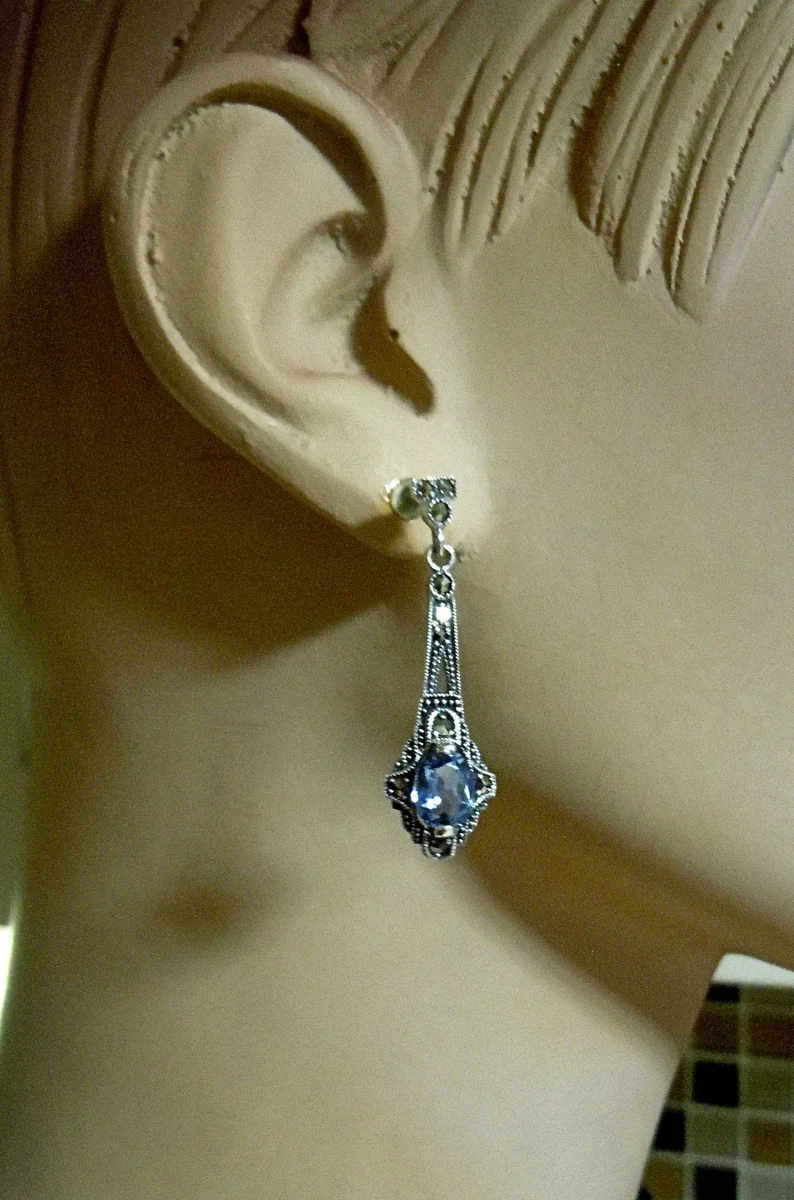 Exklusive Jugendstil-Ohrhänger aus 925 Silber mit handgefasstem Aquamarin & Markasit