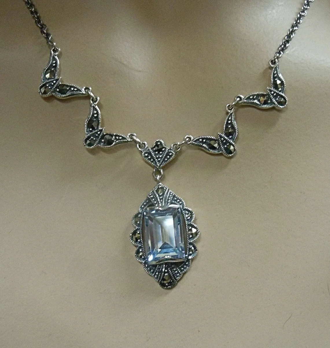925 Silber Jugendstil Collier mit Aquamarin und Markasiten