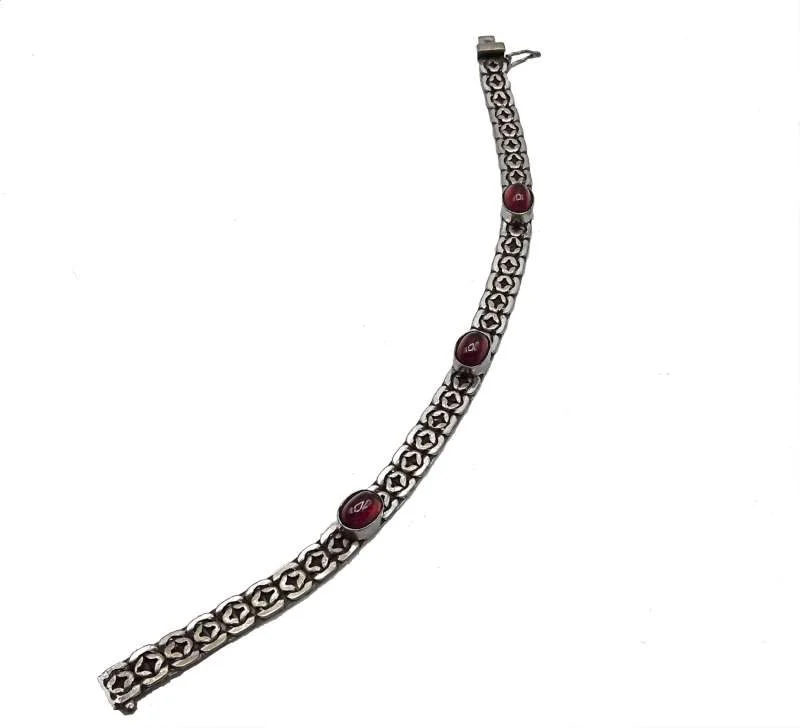 Antikes 30er Jahre Armband aus 925 Silber mit Granat Cabochons – Pforzheimer Silberschmiedekunst, handgefertigtes Designerstück