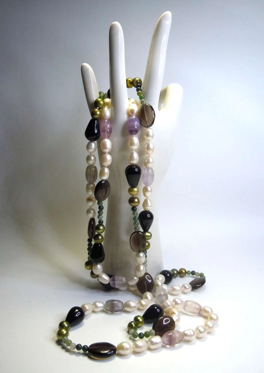 Langes Süßwasserperlen Collier 140 cm mit Amethyst & Peridot – Echte Perlenkette