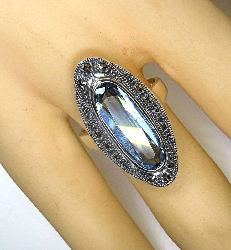 Silber Jugendstil Ring mit ovalem Aquamarin & handgefassten Markasiten – 925 Sterling Silber RG52