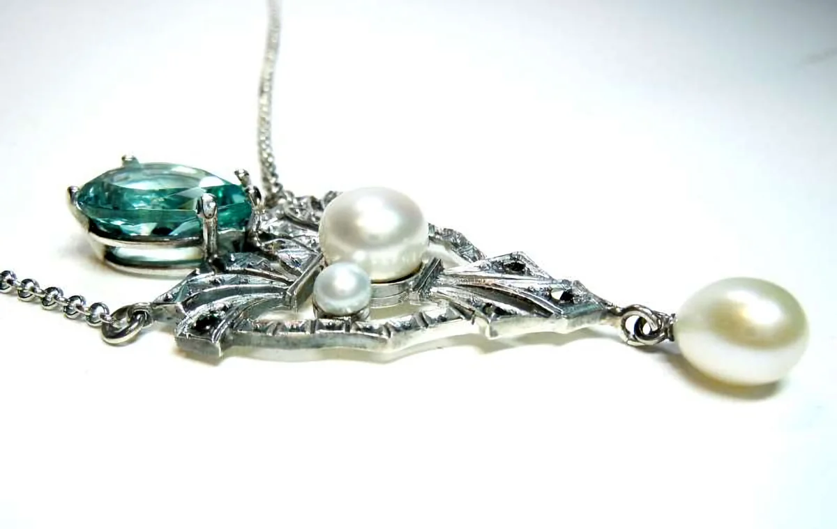 Traumhaftes Jugendstil Collier mit Aquamarin & Perlen | Handgefertigter 925 Silber Halsschmuck aus Pforzheimer Manufaktur