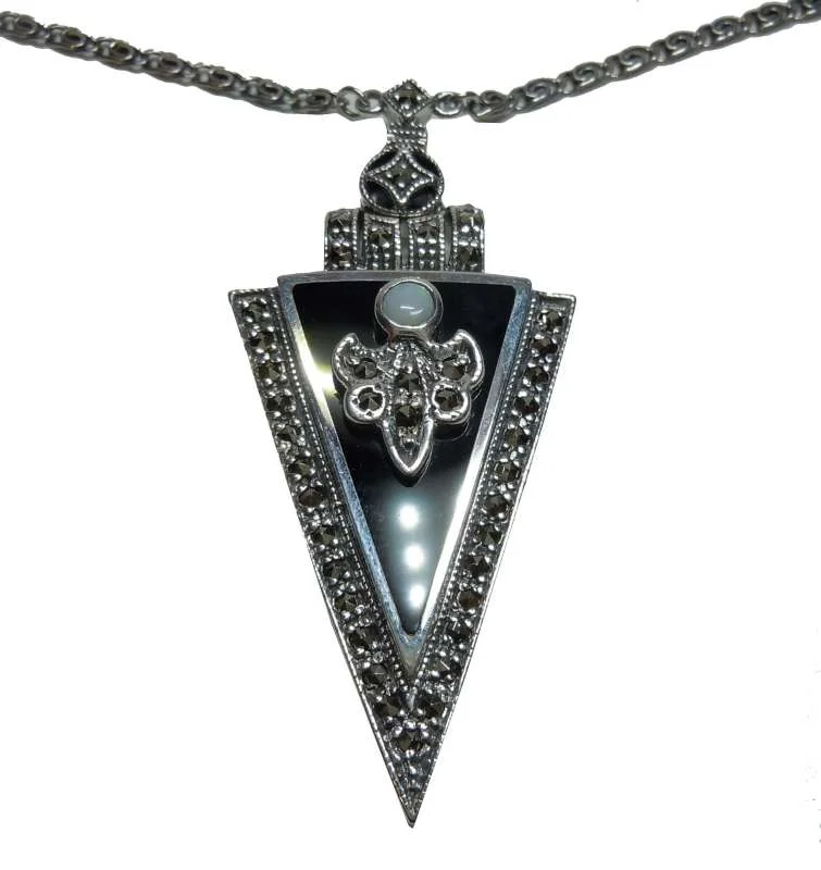 925 Silber Art Deco Collier mit Onyx, Opal und Markasiten