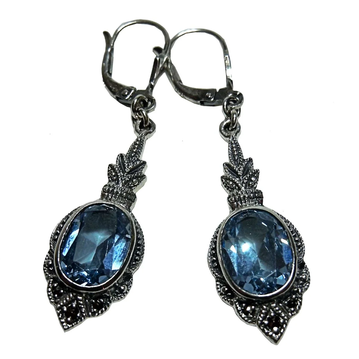 Jugendstil Ohrschmuck aus 925 Silber mit Aquamarin & Markasit – Handgefertigt