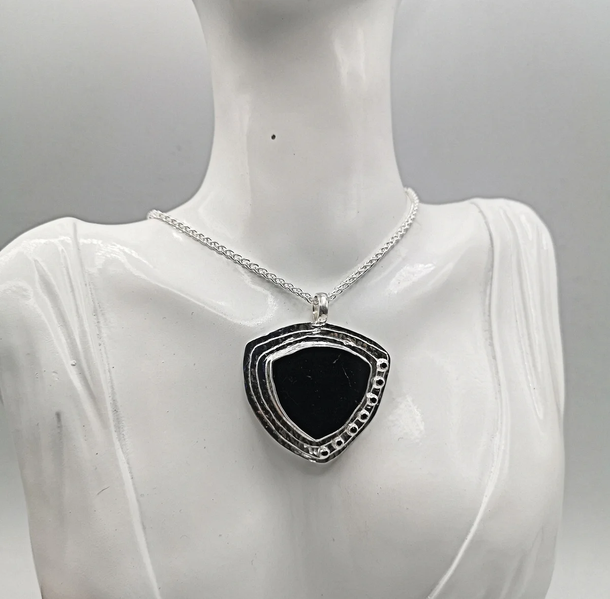 Großer moderner Designer 925 Silber Anhänger mit mittigem schwarzen Spinell