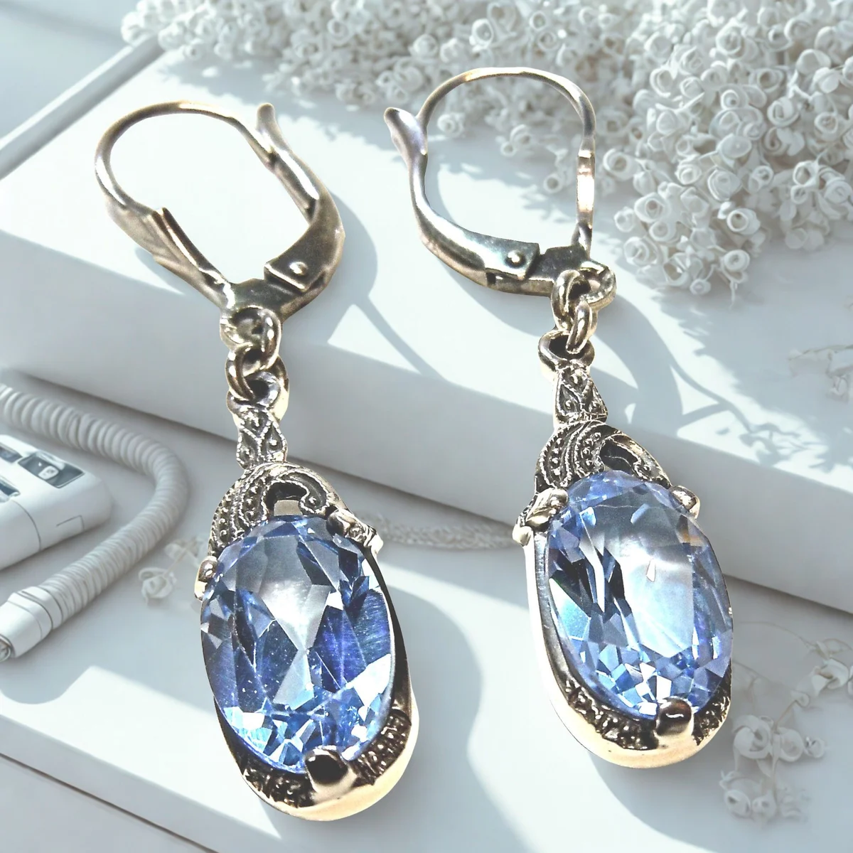 Art-Deco Aquamarin Schmuckset aus 925 Silber – Anhänger mit Ohrhängern & Singapurkette
