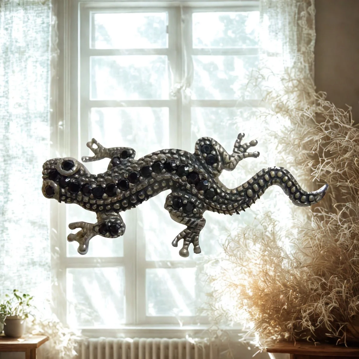 Jugendstil Silber Brosche mit Spinellen – Eidechse, 925er Silber, Handarbeit