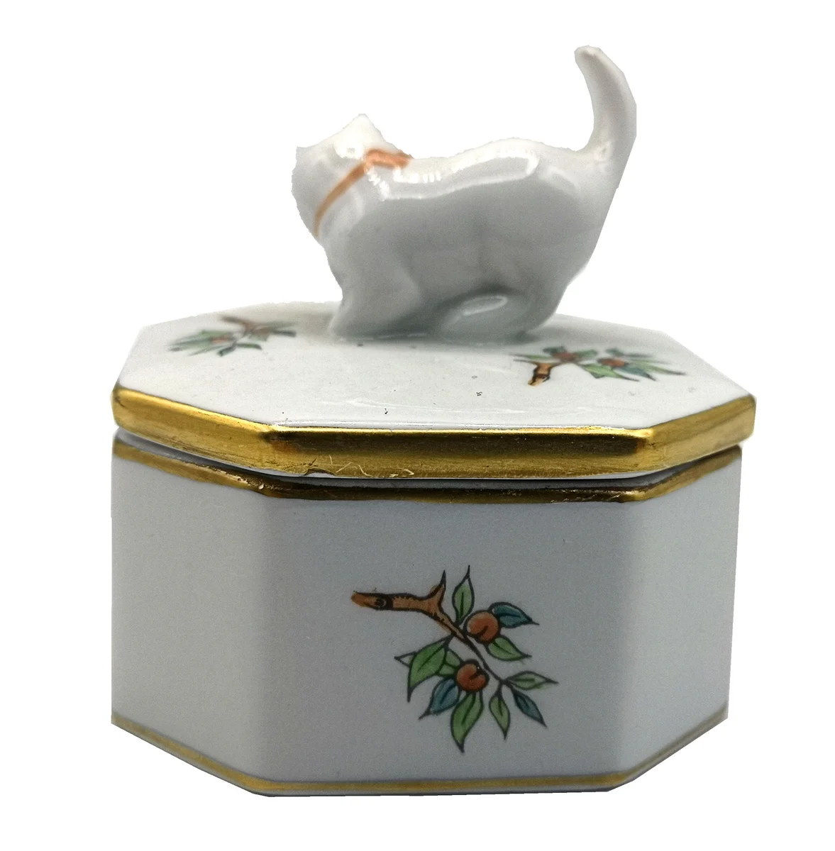 Herend Porzellan Deckel Dose mit Katze - Schmuckdose - Pillendose