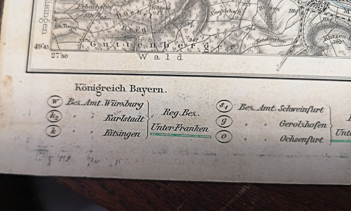 Antike Landkarte Faltkarte auf Leinen - Würzburg - 1886 bayr. Generalstabskarte