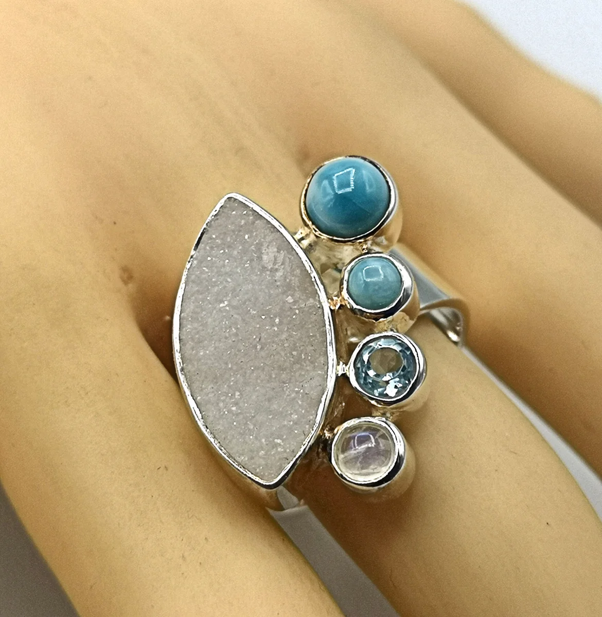 Edler 925 Silber Design Ring mit Larimar + Achat