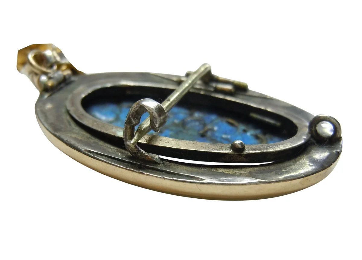 Biedermeier Blütenanhänger & Brosche aus Silber – Schwarze Emaille mit Saatperlen