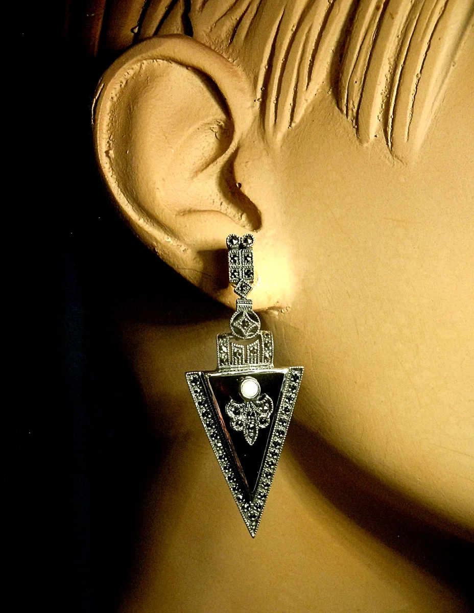 925 Silber Art Deco Ohrringe mit Onyx, Opal und Markasiten