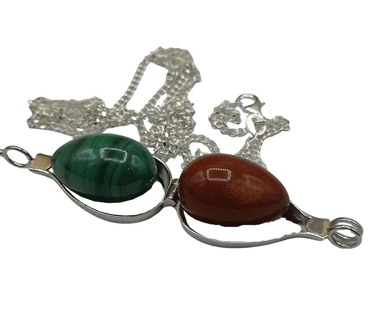 925 Silber Anhänger mit Malachit & Jaspis Ei – Wechselanhänger mit Panzerkette 55 cm