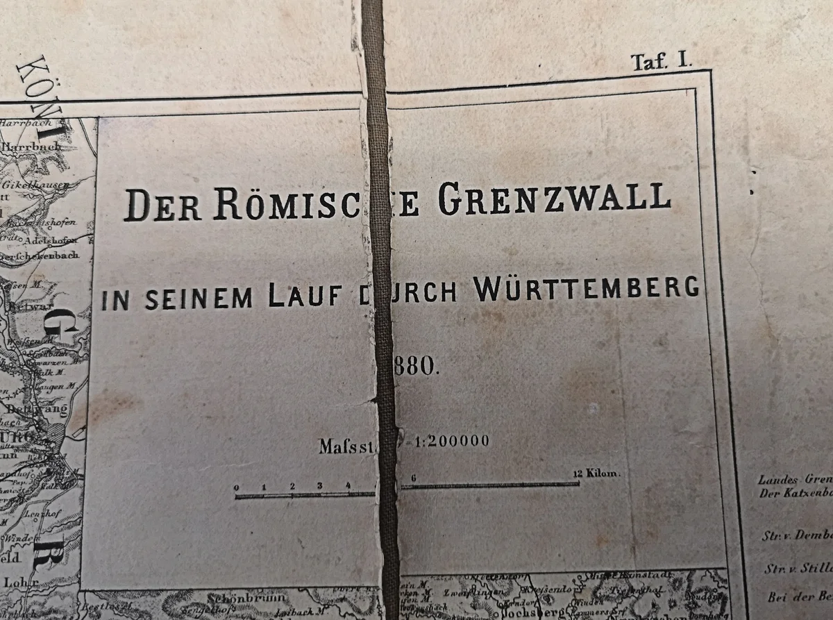 Antike Landkarte Faltkarte auf Leinen -der römische Grenzwall in Württemberg - 1894