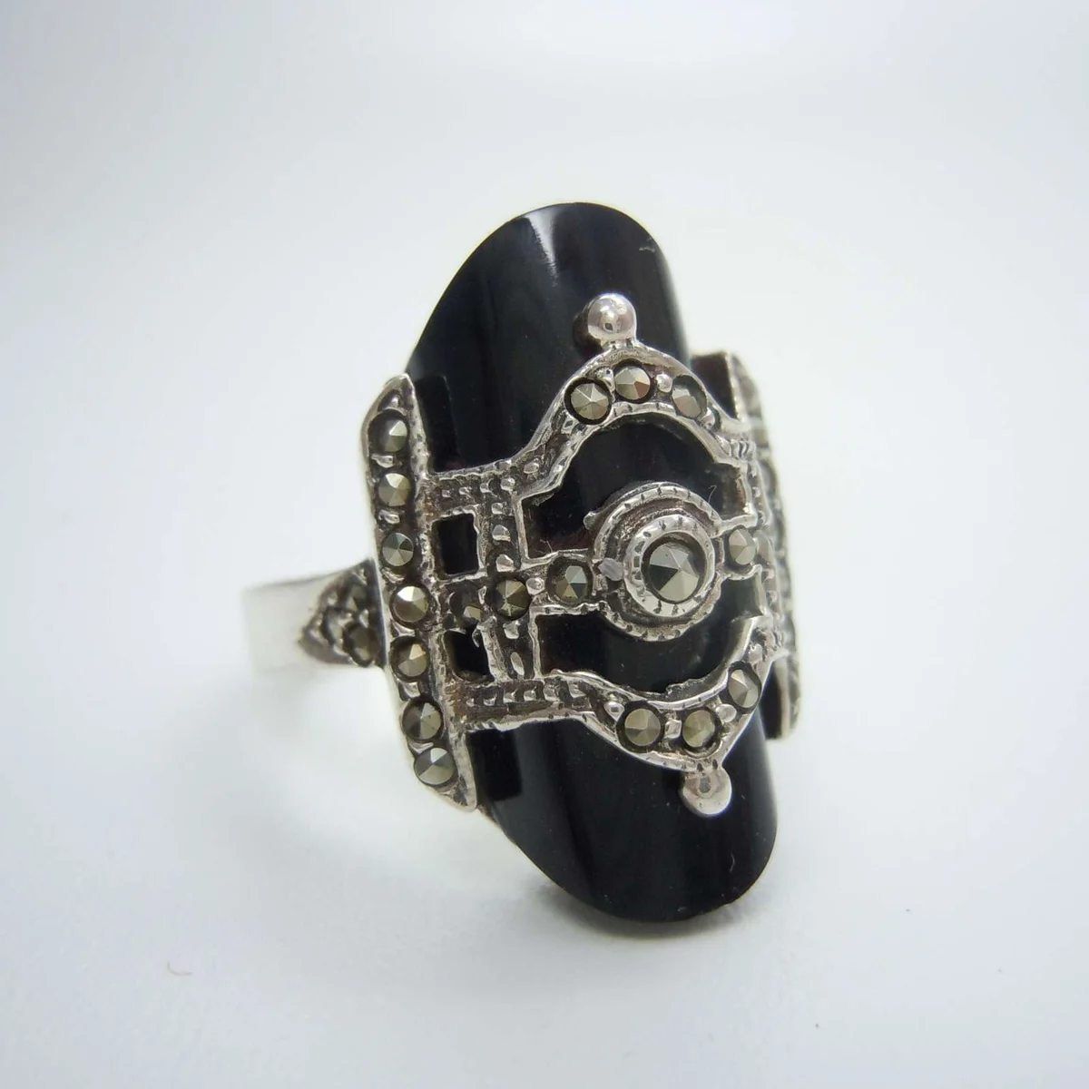 Eleganter Sterling Silber Onyx Art Deco Ring mit Markasiten RG63