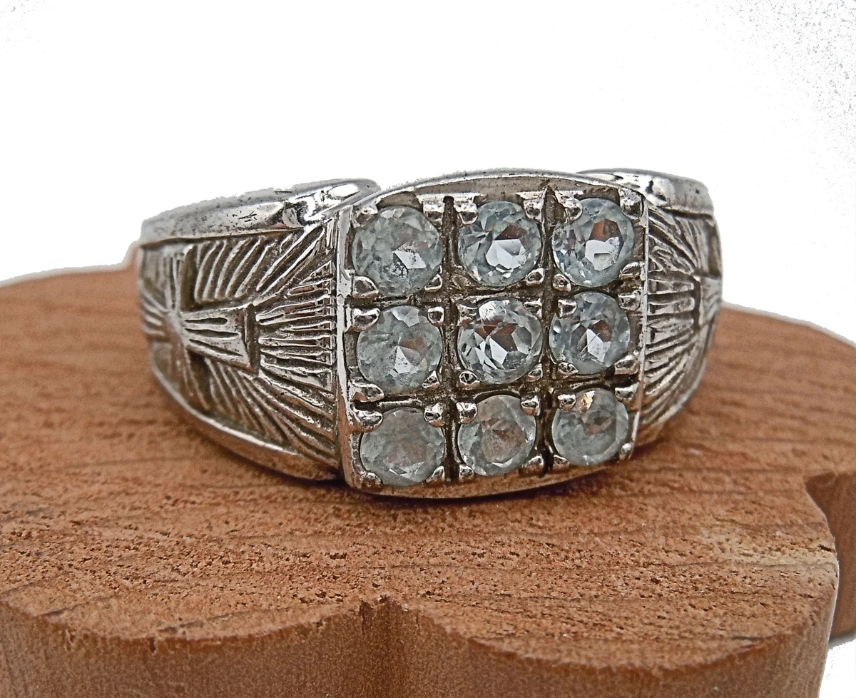 Modernistischer 925 Silberring mit 9 Aquamarinen – Ringgröße 62