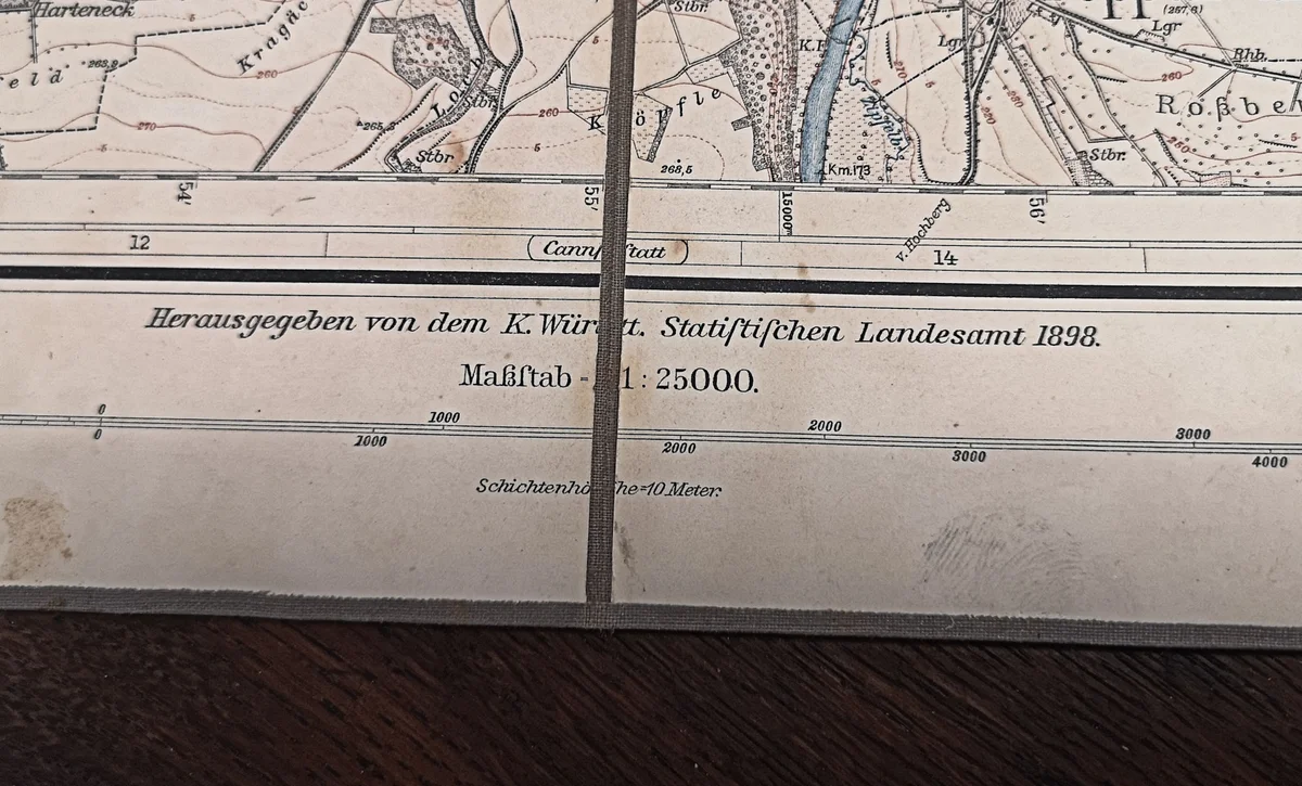 Antike Landkarte Faltkarte auf Leinen - Marbach - 1898
