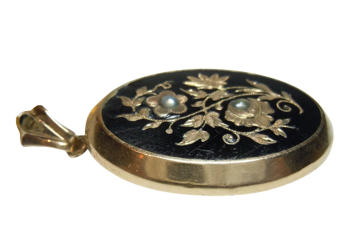 Biedermeier Blütenanhänger & Brosche aus Silber – Schwarze Emaille mit Saatperlen