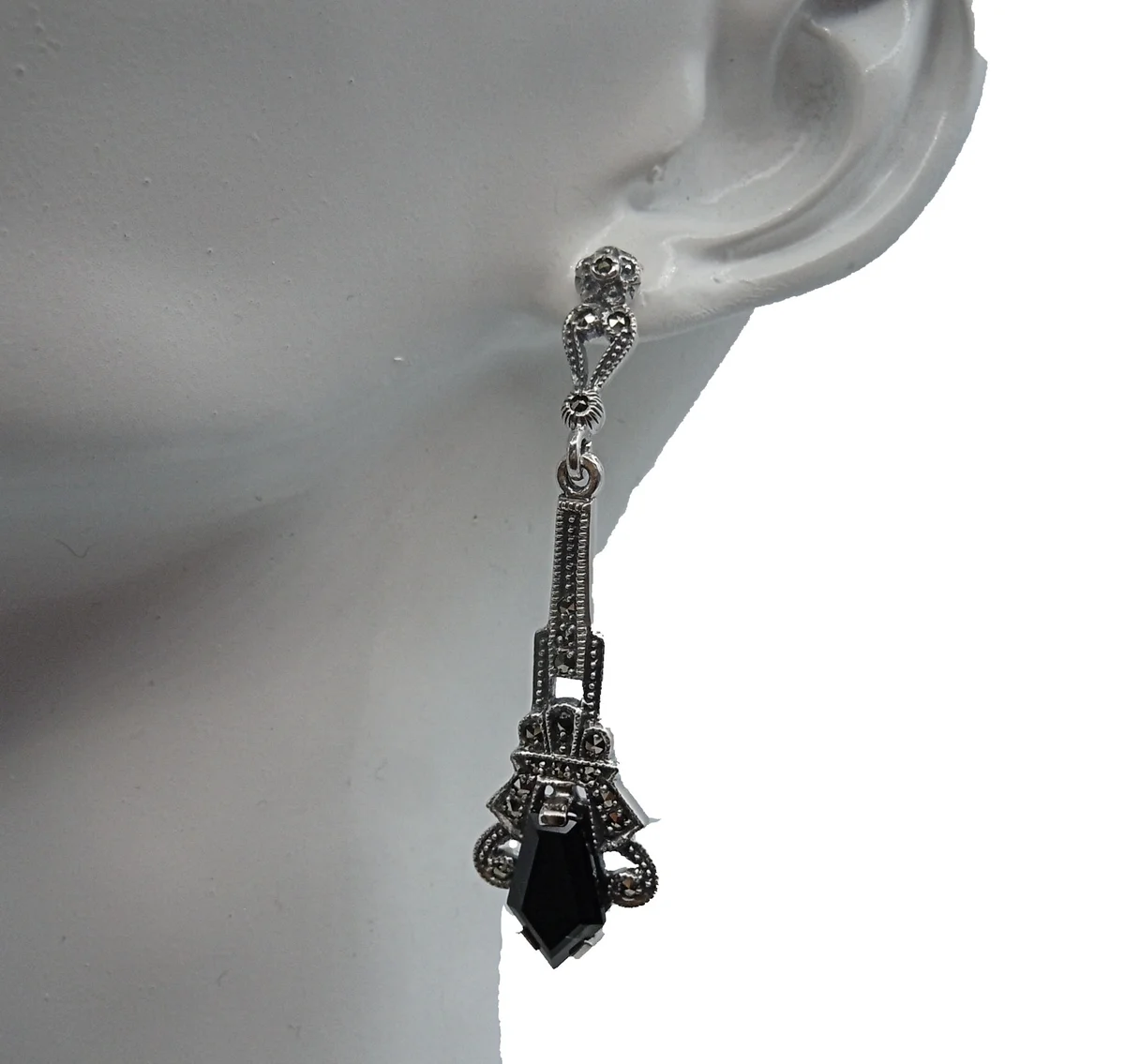Art-Deco Ohrschmuck aus 925 Silber mit Onyx & Markasit – handgefertigte Eleganz