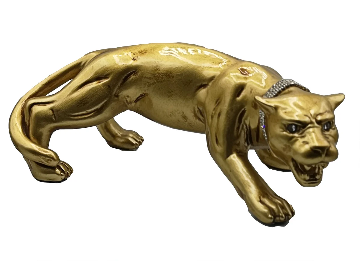 Vergoldeter Keramik Panther Valle d’Oro Patchi – 80er Jahre Boho Chic Dekofigur mit Kristallhalsband