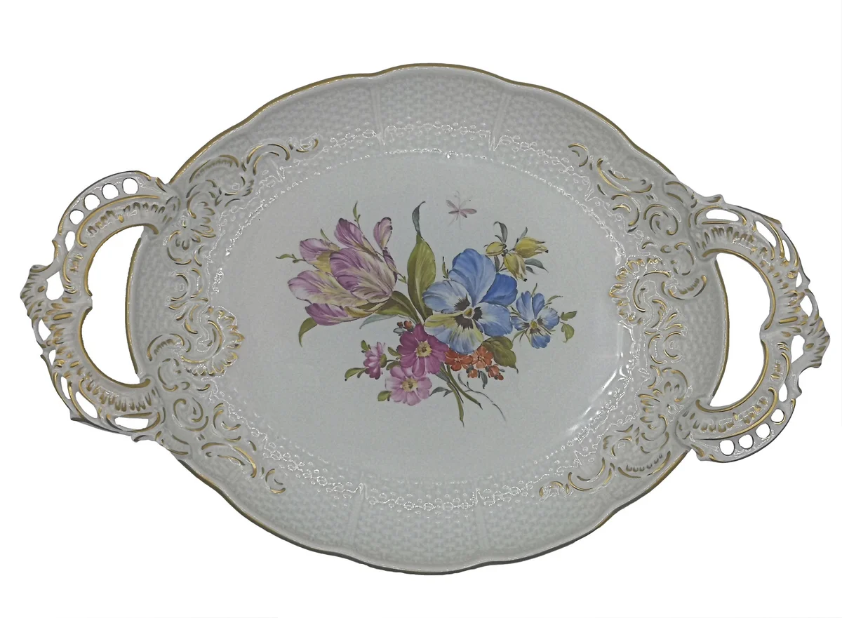 Ludwigsburg Porzellan Henkelschale mit Blumen Bouquet handbemalt