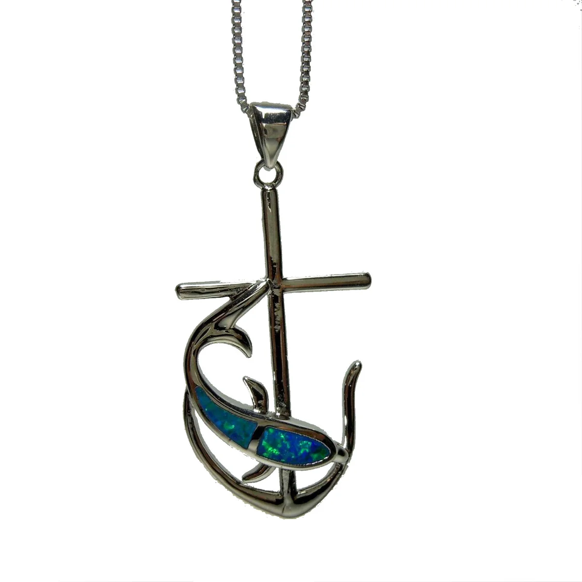 Samira - karibischer Silber Opal Delphin / Kreuz Anhänger