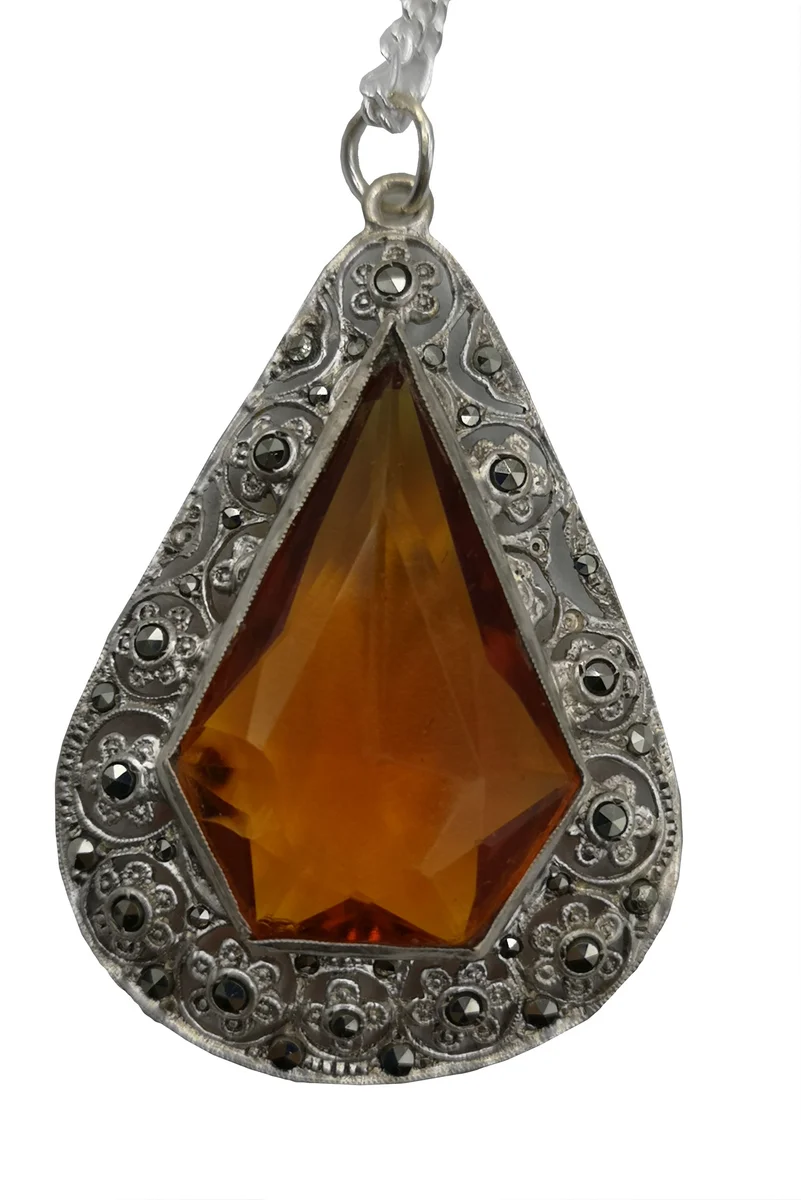 800 Silber Jugendstil Anhänger mit Citrin + Markasiten an Kette um 1910