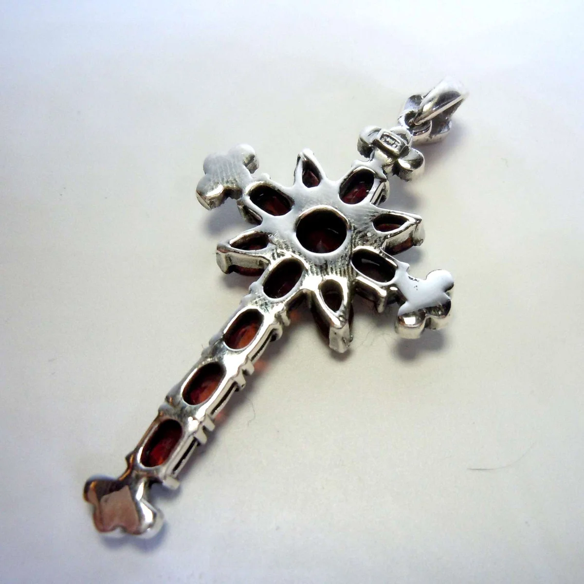 925 Silber Jugendstil Granat Kreuz Anhänger mit Kette
