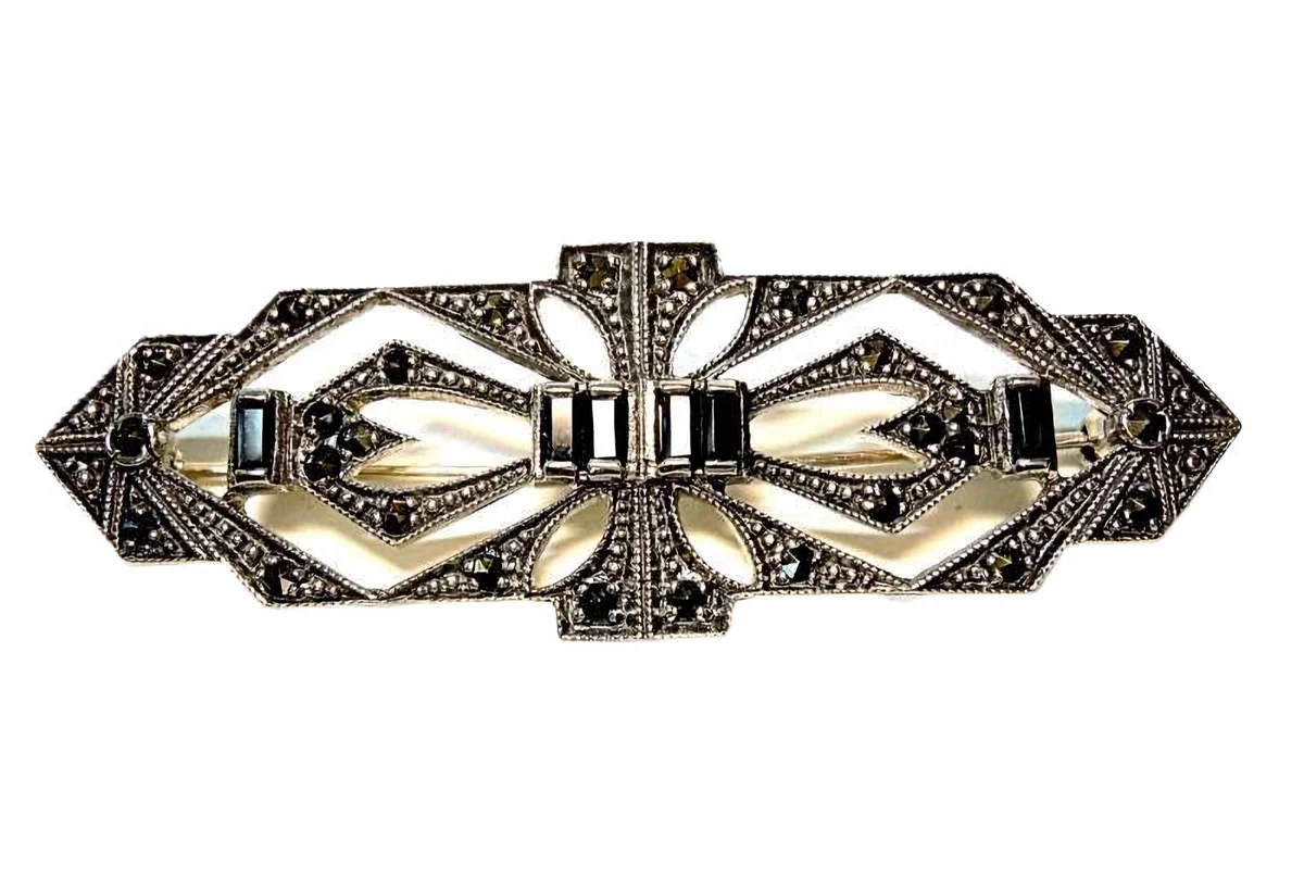 Glamouröse 925 Silber Jugendstil Onyx Brosche
