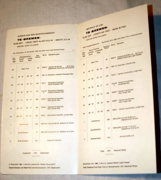 Souvenir-Log der TS Bremen von 1965