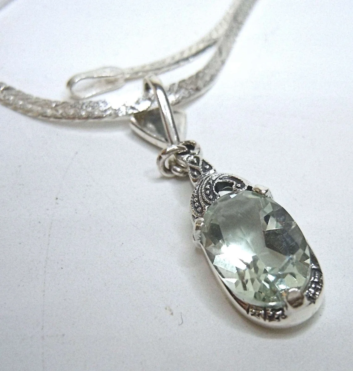 925 Silber ART DECO Collier mit grünem Amethyst - 60 cm