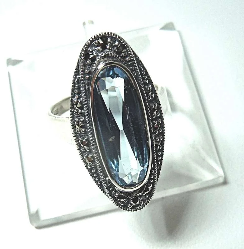 Silber Jugendstil Ring mit ovalem Aquamarin & handgefassten Markasiten – 925 Sterling Silber RG52