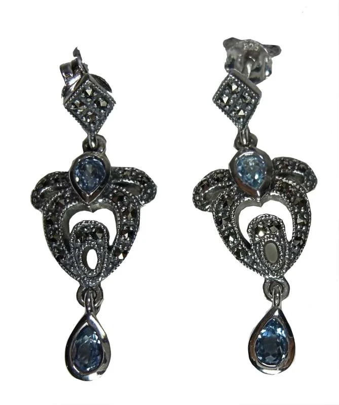 925 Silber Aquamarin Jugendstil Schleifen Ohrringe mit handgefassten Markasiten