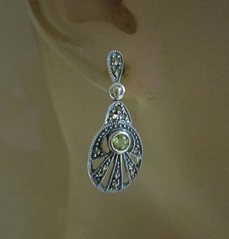 ART DECO Peridot 925 Silber Hänge Ohrringe mit Markasiten