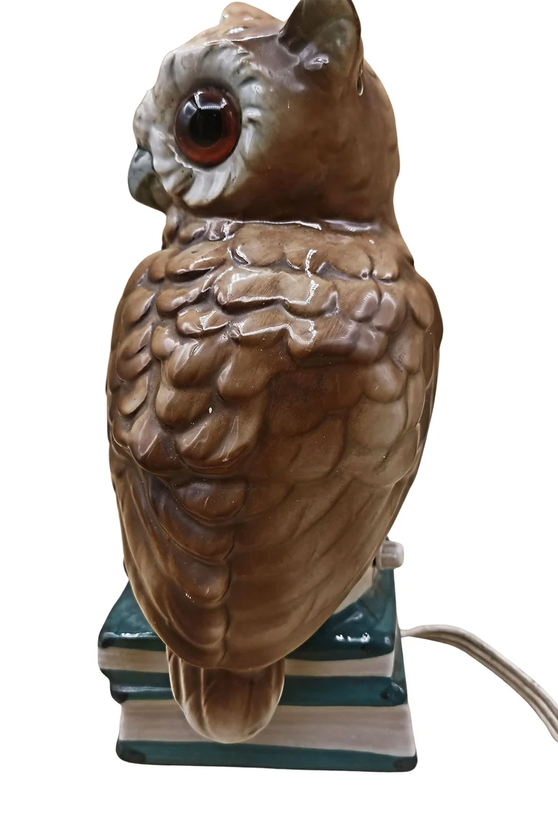 Vintage Rauchverzehrer Eule auf Büchern – Porzellan-Tischlampe um 1960 mit Glasaugen