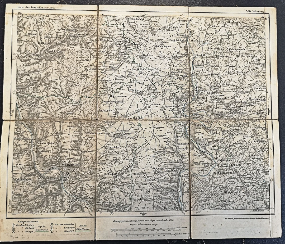 Antike Landkarte Faltkarte auf Leinen - Würzburg - 1886 bayr. Generalstabskarte