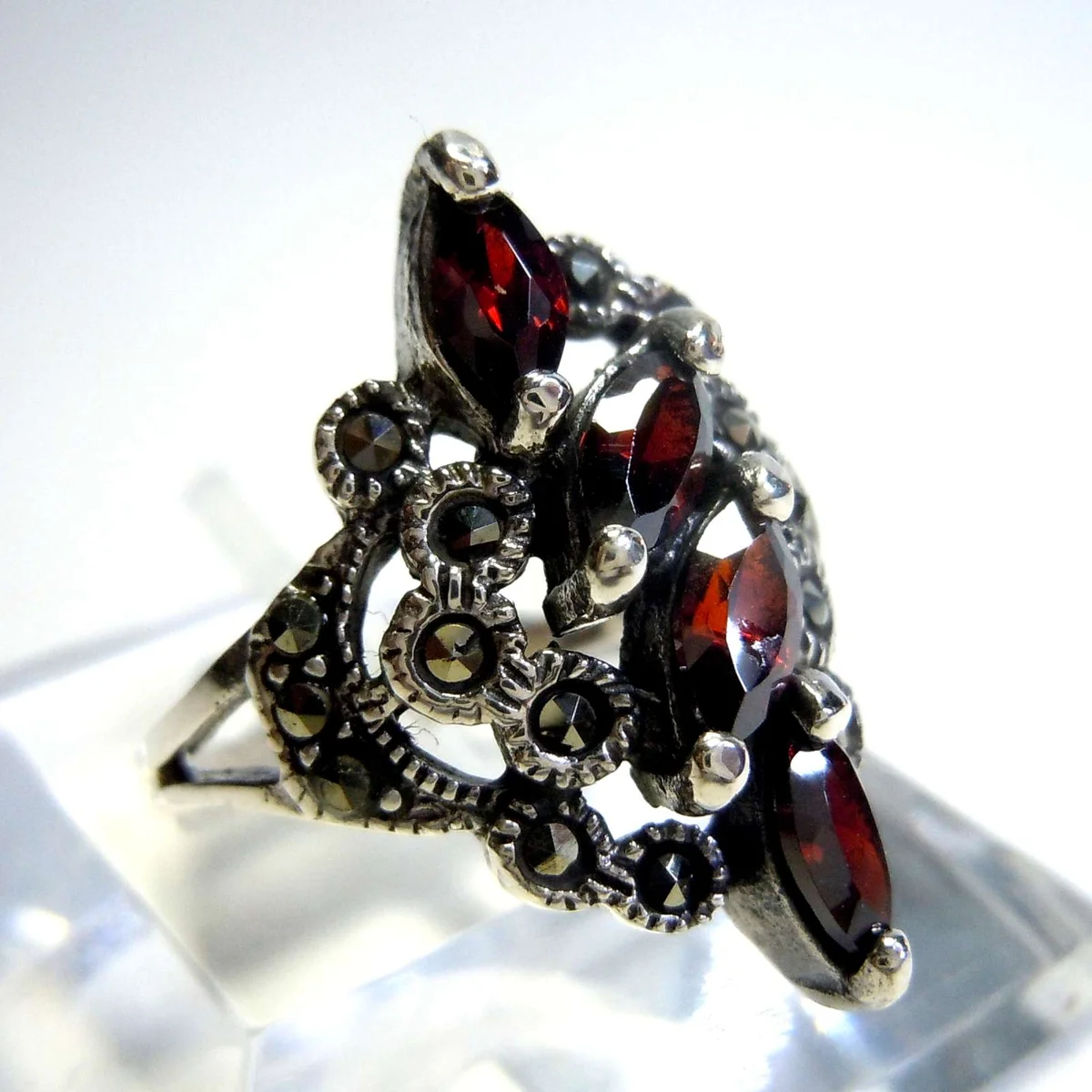 Granat Jugendstil Navette Silber Ring mit Markasit RG62