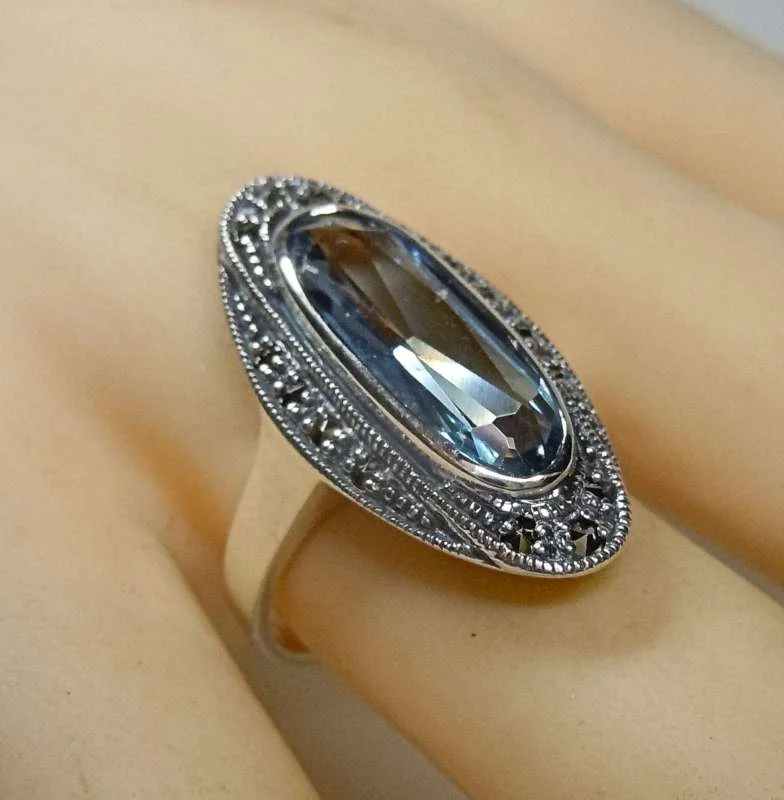 Silber Jugendstil Ring mit ovalem Aquamarin & handgefassten Markasiten – 925 Sterling Silber RG56