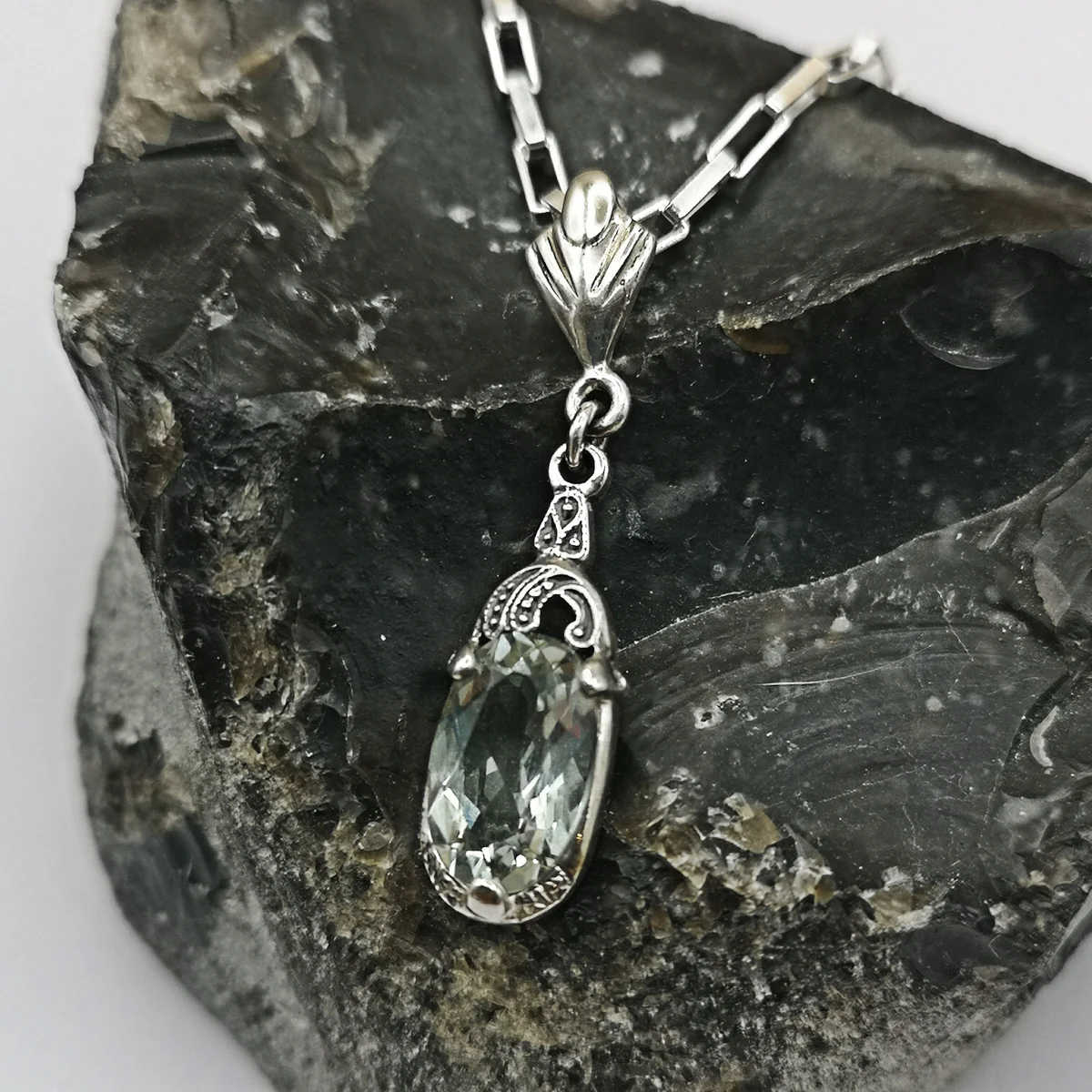 925 Silber ART DECO Collier mit grünem Amethyst - 60 cm
